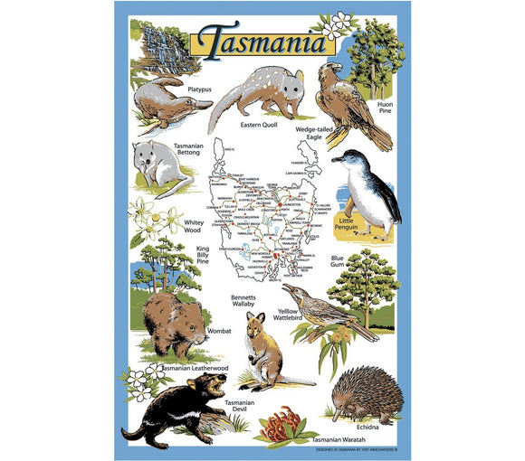 TEATOWEL TASMANIAN MAP AND FLORA & FAUNA ICONS