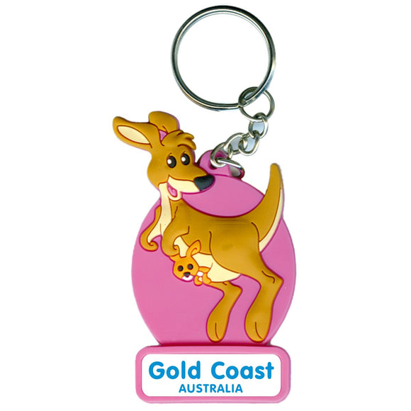 KEYRING SOFT PVC 3D KANGAROO PINK GOLD COAST