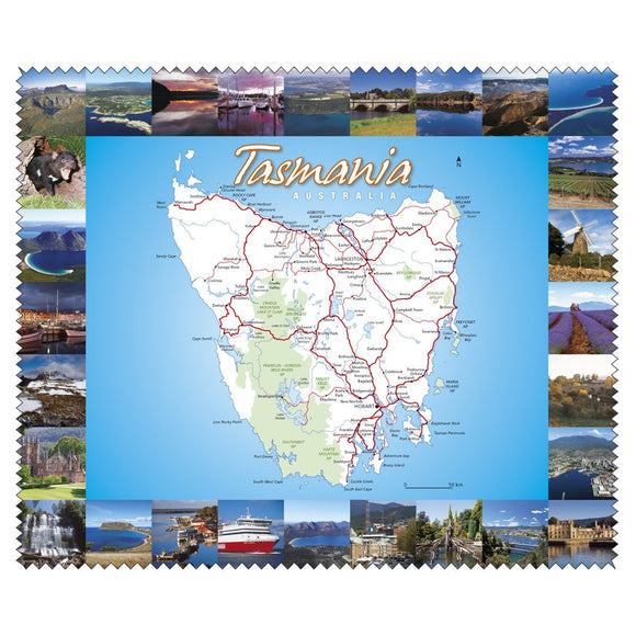 LENS CLOTH TASMANIA map with montage background