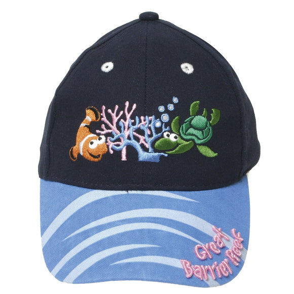 CAP KIDS COT TWILL GREAT BARRIER REEF TURTLE AND CLOWN FISH NAVY